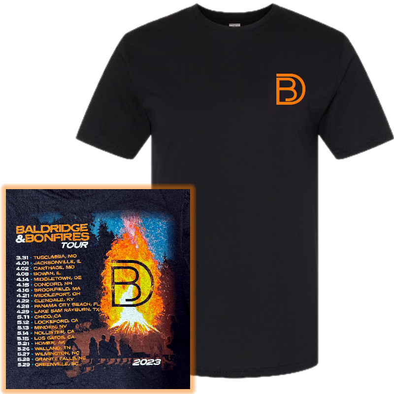 2023 Baldridge and Bonfires Black Tour Tee